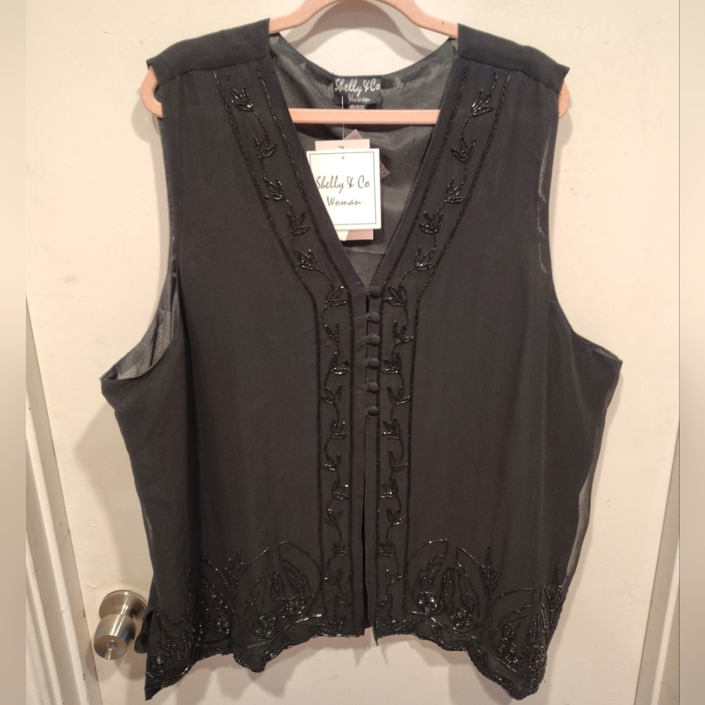 Shelly & Co. NWT Women's Beaded Black Sheer Chiffon Vest Sz 3X Whimsigoth Event
